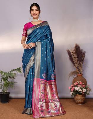 turquoise silk blend banarasi saree with blouse  4