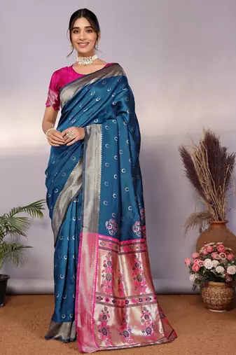 turquoise silk blend banarasi saree with blouse 