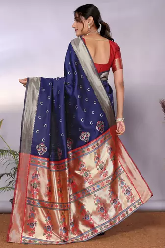 navy blue silk blend banarasi saree with blouse 