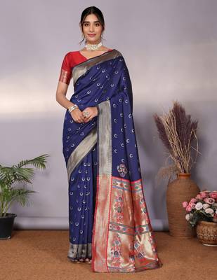 navy blue silk blend banarasi saree with blouse  1