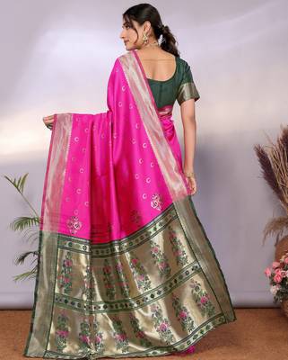 pink silk blend banarasi saree with blouse  3