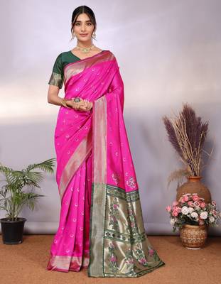 pink silk blend banarasi saree with blouse  4