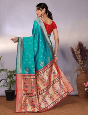 turquoise silk blend banarasi saree with blouse  4
