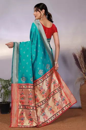 turquoise silk blend banarasi saree with blouse 
