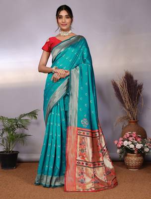 turquoise silk blend banarasi saree with blouse  1