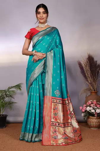 turquoise soft art silk banarasi saree with blouse 