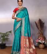 turquoise soft art silk banarasi saree with blouse 