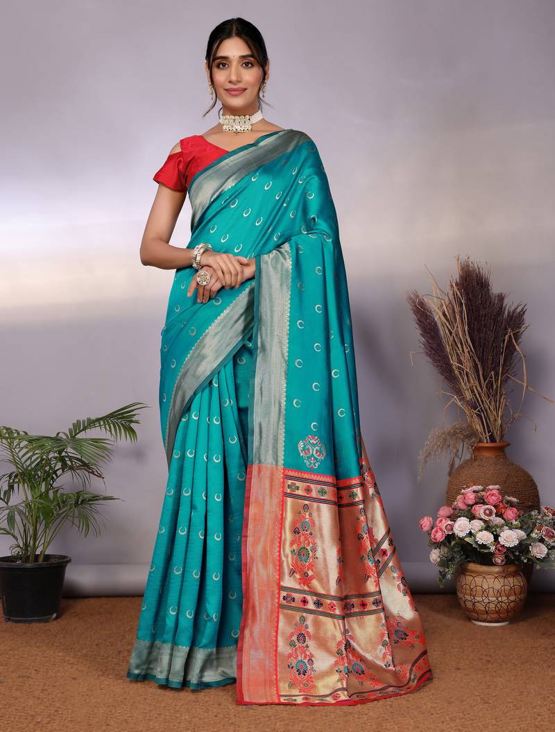 turquoise soft art silk banarasi saree with blouse 