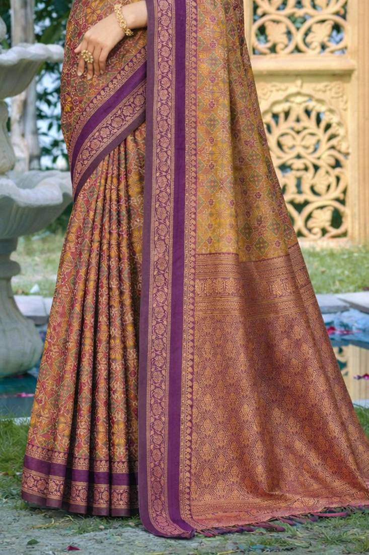 mustard gold soft silk blend woven work traditional saree
