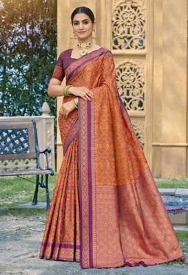 rust orange soft silk blend woven work traditional saree 1