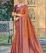 rust orange soft silk blend woven work traditional saree