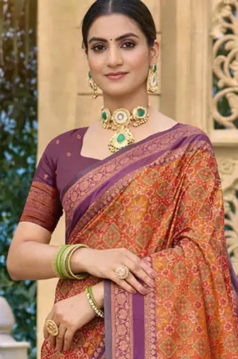 rust orange soft silk blend woven work traditional saree
