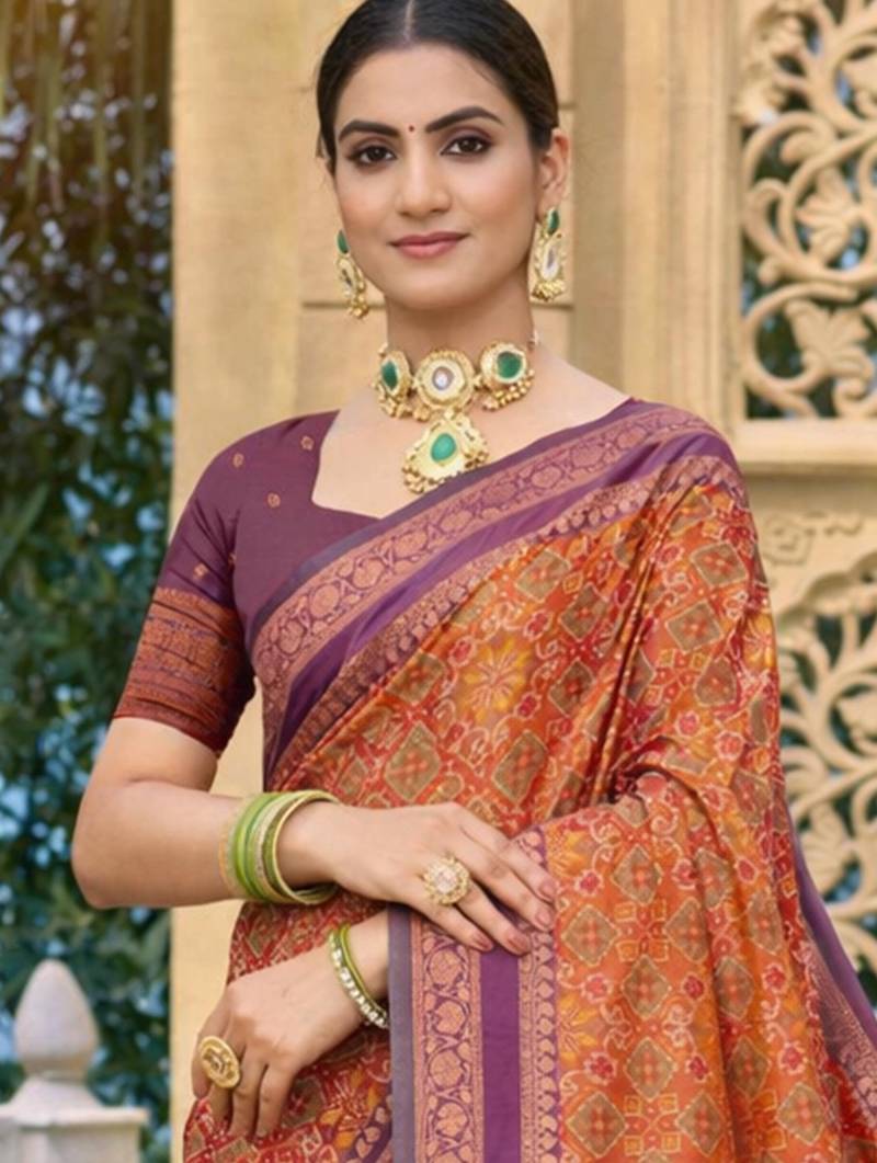 rust orange soft silk blend woven work traditional saree