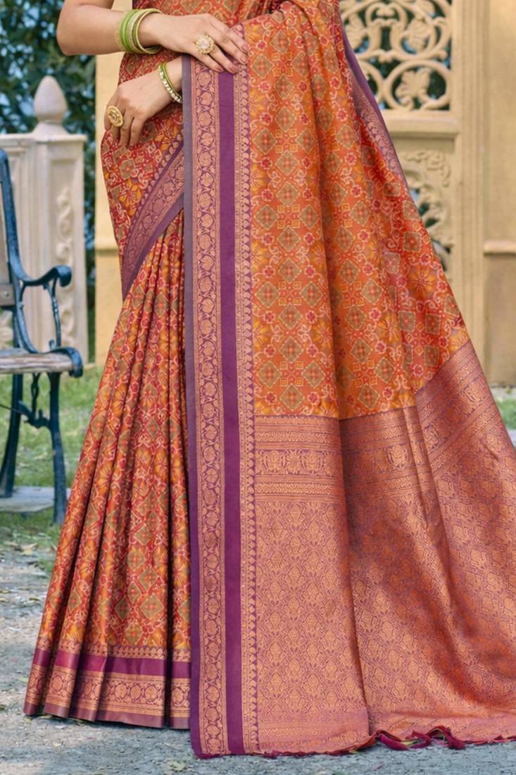 rust orange soft silk blend woven work traditional saree