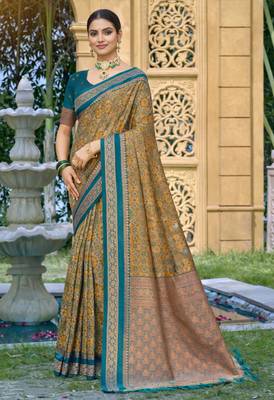 mustard yellow soft silk blend woven work traditional saree 1