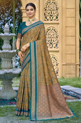 mustard yellow soft silk blend woven work traditional saree