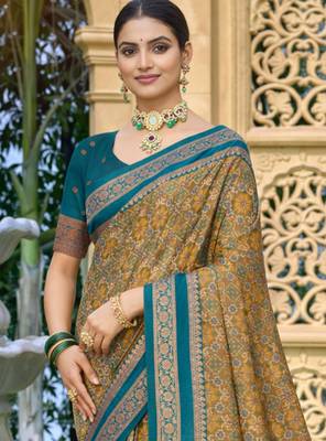 mustard yellow soft silk blend woven work traditional saree 2