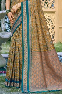 mustard yellow soft silk blend woven work traditional saree 3