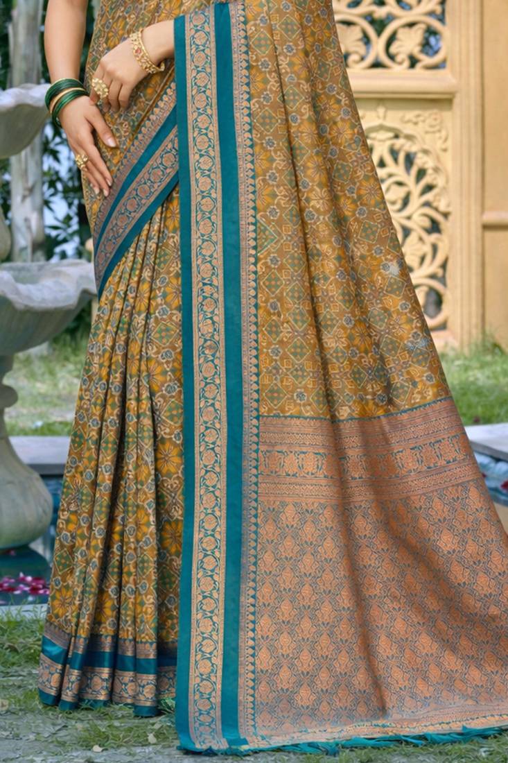 mustard yellow soft silk blend woven work traditional saree