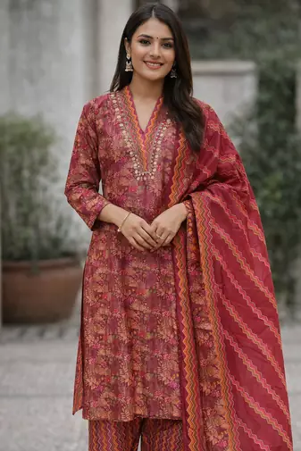 Maroon Color Beautiful handwork Zarna Silk Kurti Pent Set.