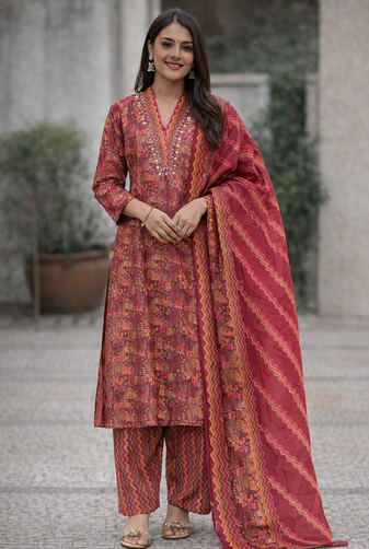 Maroon Color Beautiful handwork Zarna Silk Kurti pant Set.