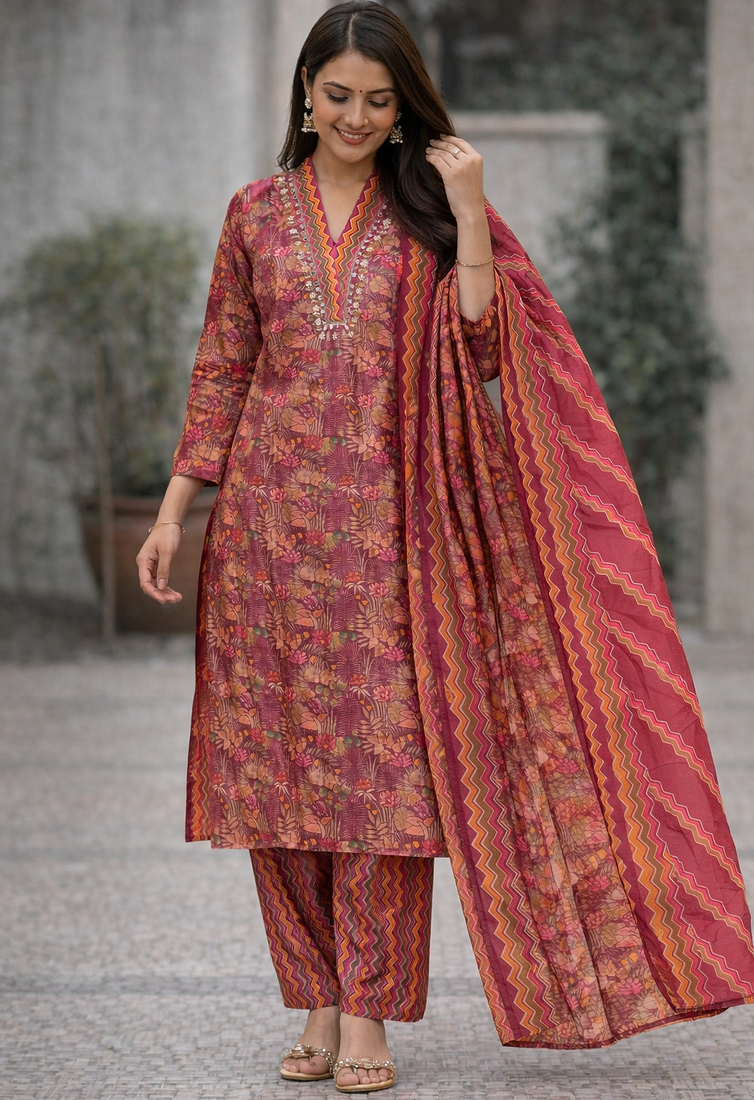 Maroon Color Beautiful handwork Zarna Silk Kurti pant Set.