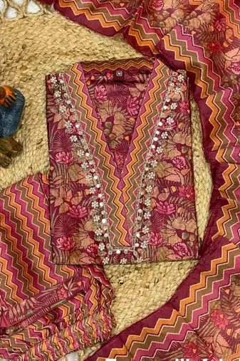 Maroon Color Beautiful handwork Zarna Silk Kurti Pent Set.
