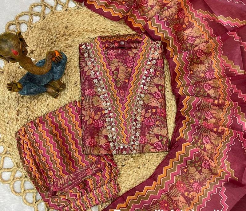 Maroon Color Beautiful handwork Zarna Silk Kurti pant Set.