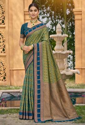olive green soft silk blend woven work traditional saree 1