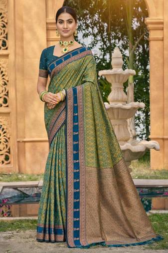 olive green soft silk blend woven work traditional saree