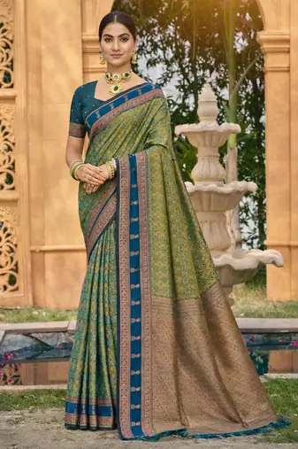 olive green soft silk blend woven work traditional saree