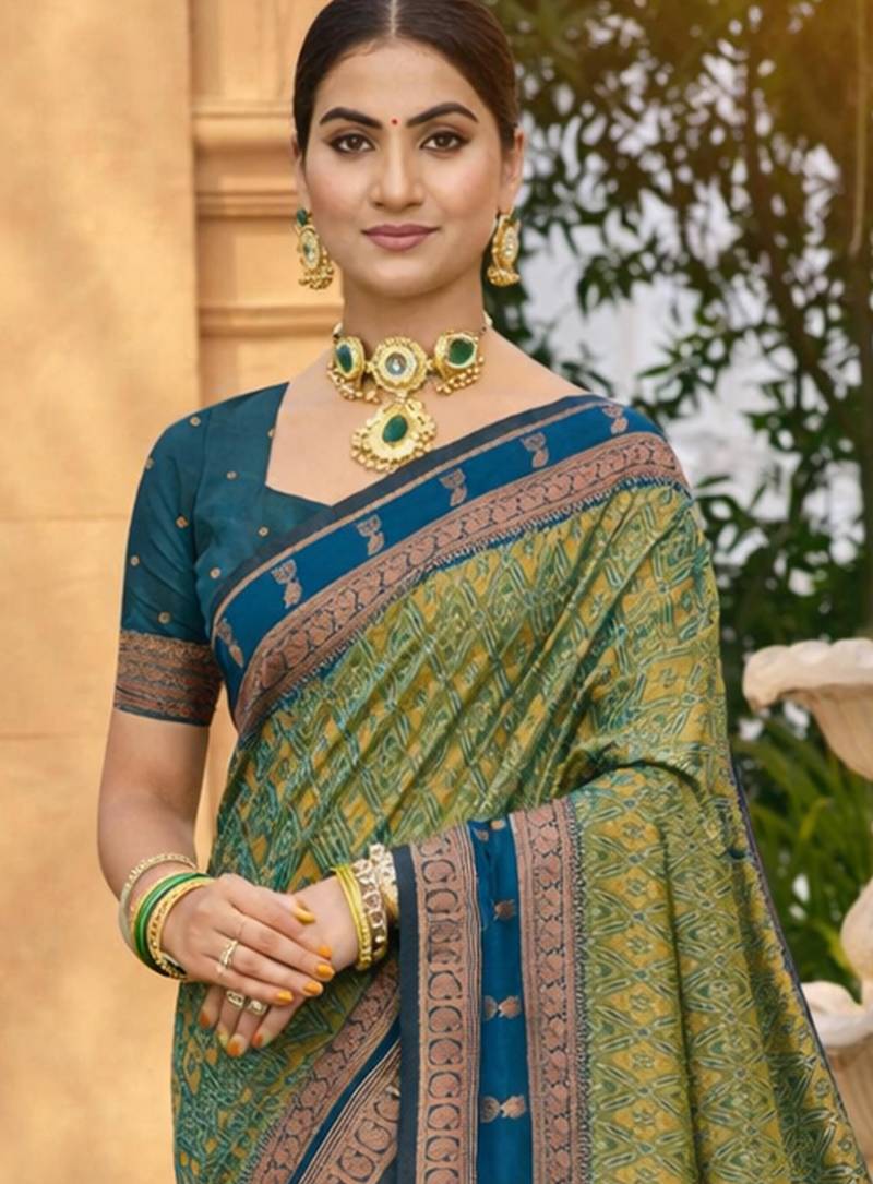 olive green soft silk blend woven work traditional saree