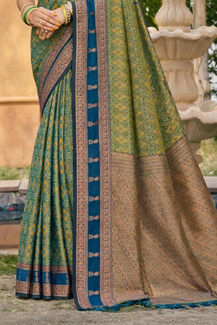 olive green soft silk blend woven work traditional saree