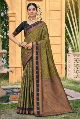 mehendi green soft silk blend woven work traditional saree 1
