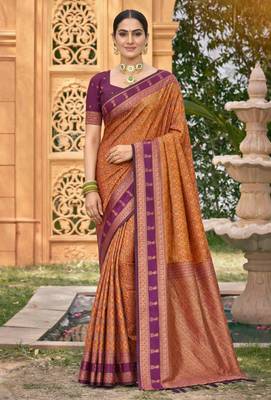 mustard orange soft silk blend woven work traditional saree 1