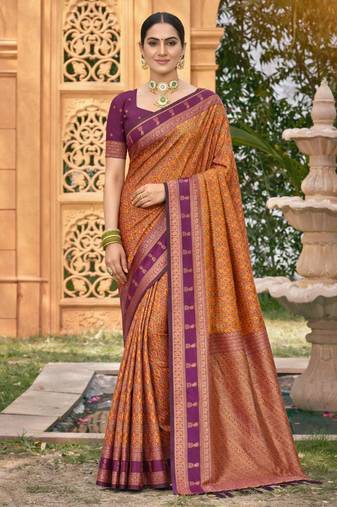 mustard orange soft silk blend woven work traditional saree