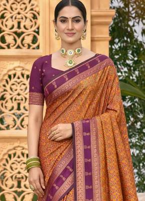 mustard orange soft silk blend woven work traditional saree 2