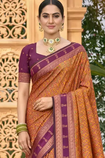 mustard orange soft silk blend woven work traditional saree