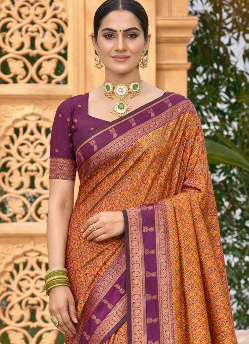 mustard orange soft silk blend woven work traditional saree
