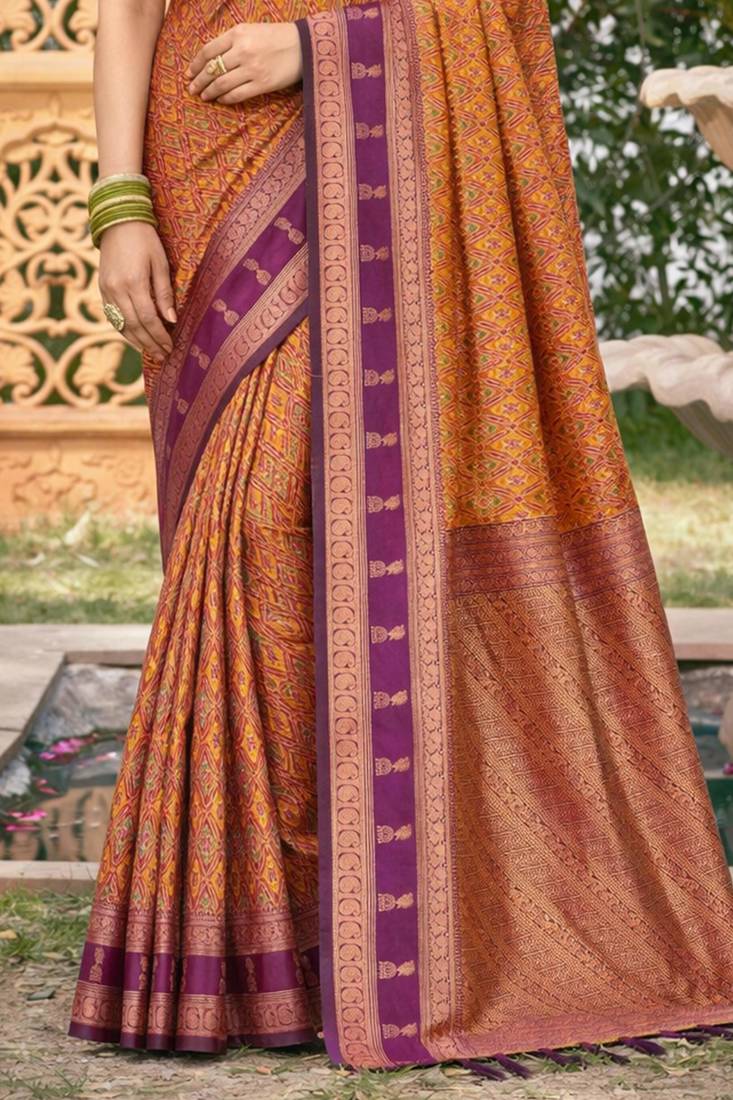 mustard orange soft silk blend woven work traditional saree