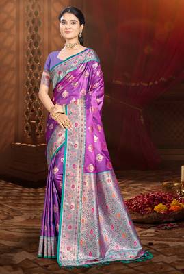 rani purple silk blend woven work traditional saree 1