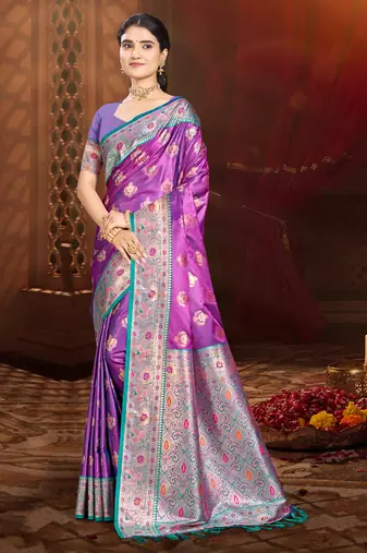 rani purple silk blend woven work traditional saree