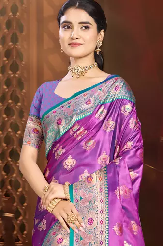 rani purple silk blend woven work traditional saree