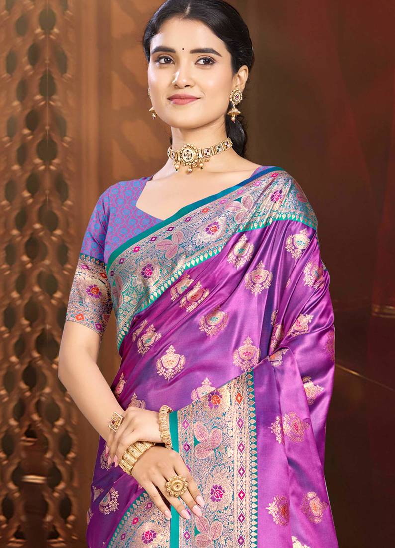 rani purple silk blend woven work traditional saree