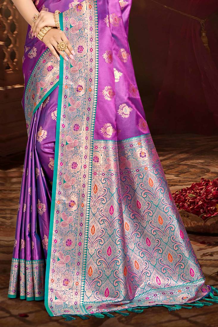 rani purple silk blend woven work traditional saree