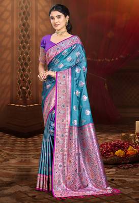 rama blue silk blend woven work traditional saree 1