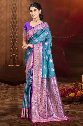 rama blue silk blend woven work traditional saree