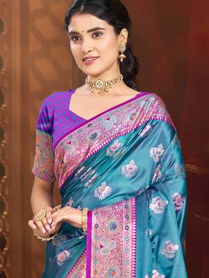 rama blue silk blend woven work traditional saree 2