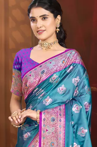 rama blue silk blend woven work traditional saree