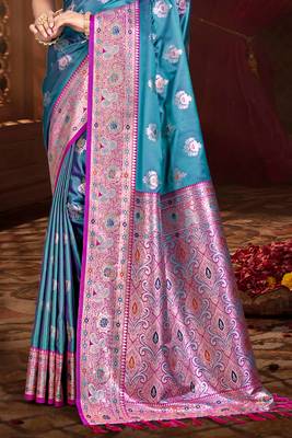 rama blue silk blend woven work traditional saree 3